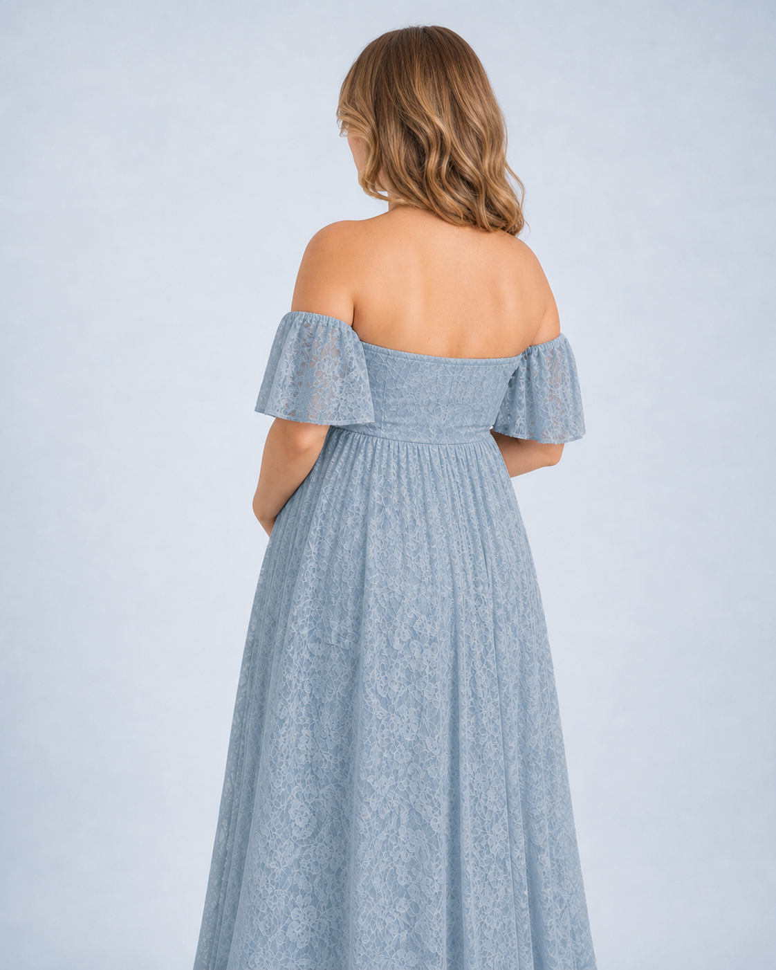 Misty Blue back structure, flutter sleeves and extra length in powder-blue lace