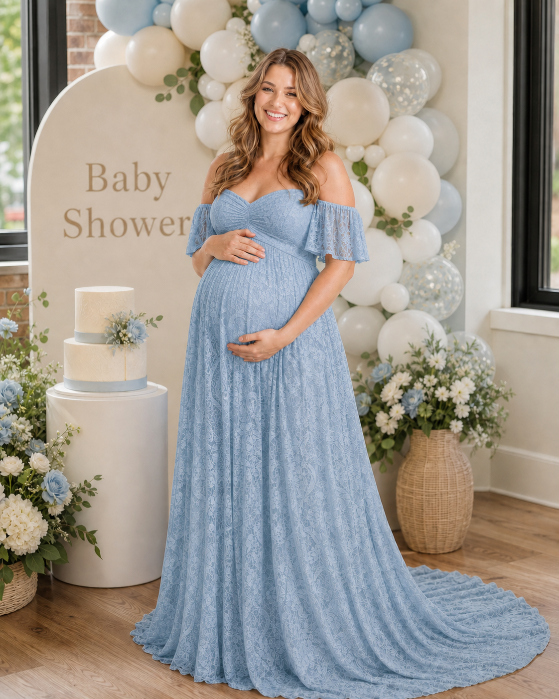 Misty Blue maternity baby shower dress beside a softly set indoor table