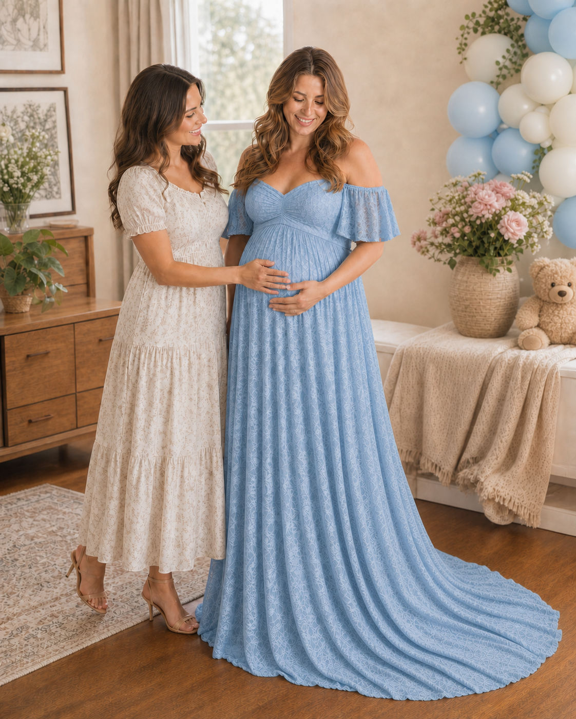Misty Blue family anticipation by a window, waiting together in pale lace
