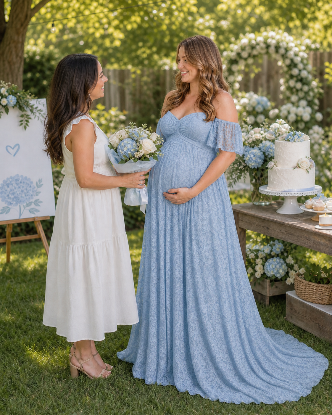 Misty Blue maternity maxi in a quiet garden with cool morning light