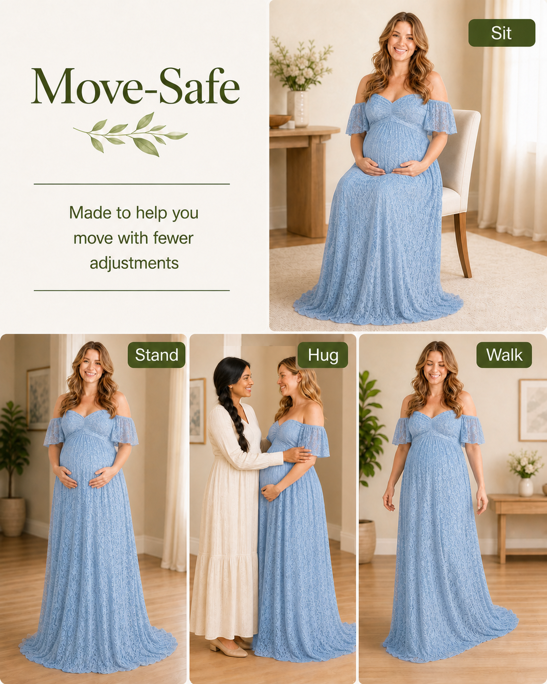 Misty Blue walking frame indoors, controlled back hem lifted from the floor