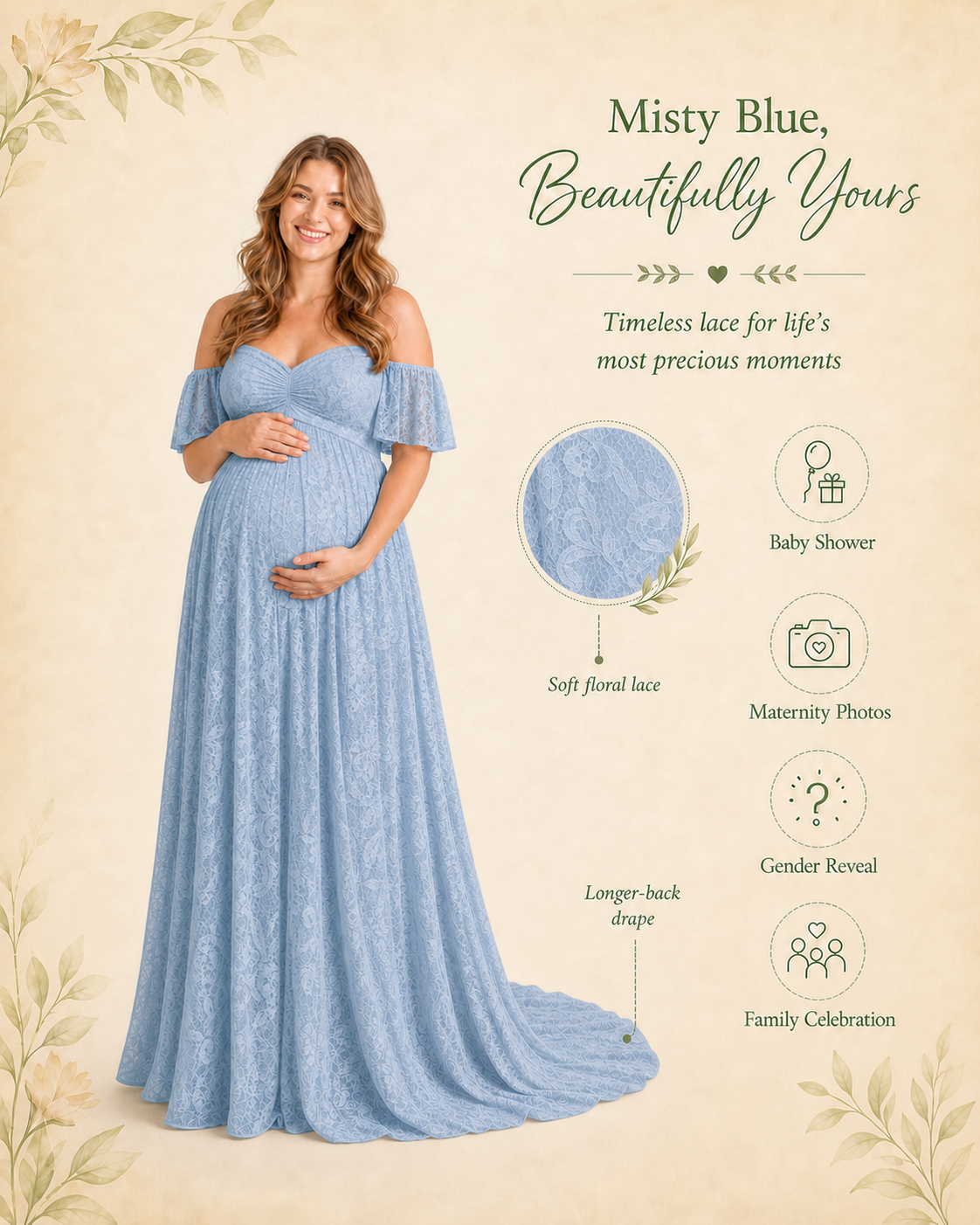 Misty Blue maternity dress for a quiet baby shower and portrait memory