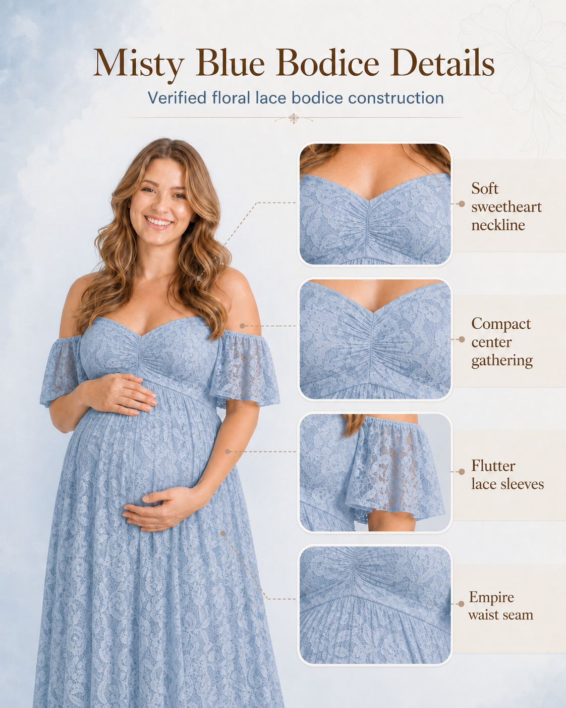Misty Blue neckline card, flutter sleeves and a shallow sweetheart dip