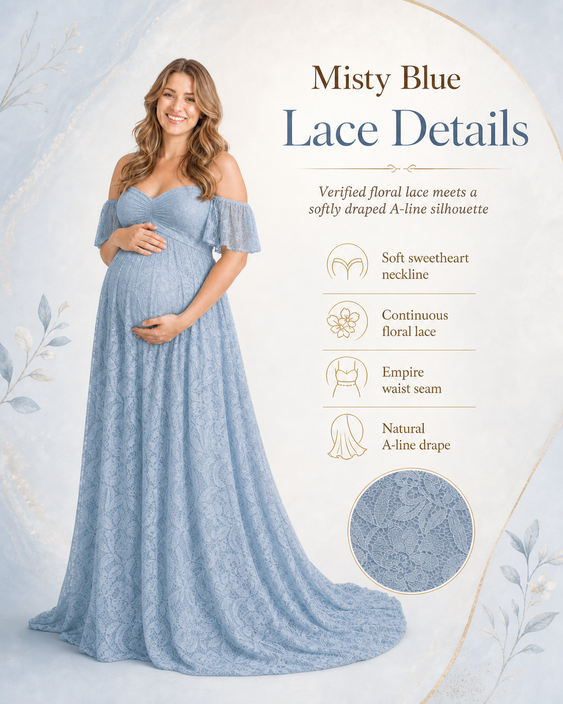 Misty Blue off-shoulder lace maxi from pale bodice to floor-length hem