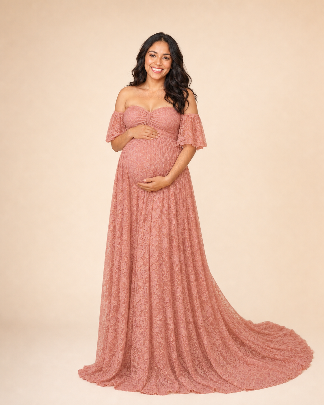 Soft Blush Pink lace maternity maxi, classic front view with off-shoulder sweetheart neckline