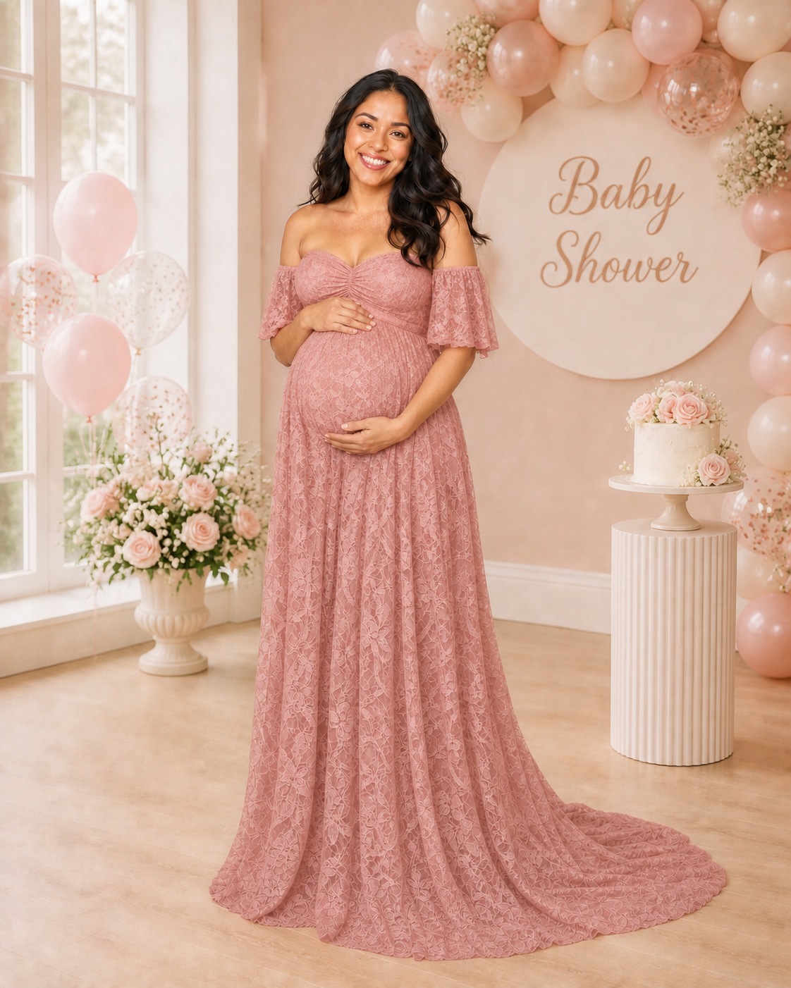 Soft Blush Pink maternity baby shower dress at a classic pink celebration