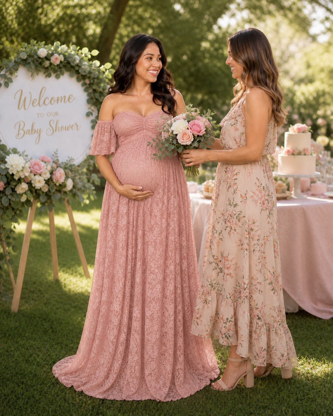 Soft Blush Pink maternity maxi in a romantic garden setting
