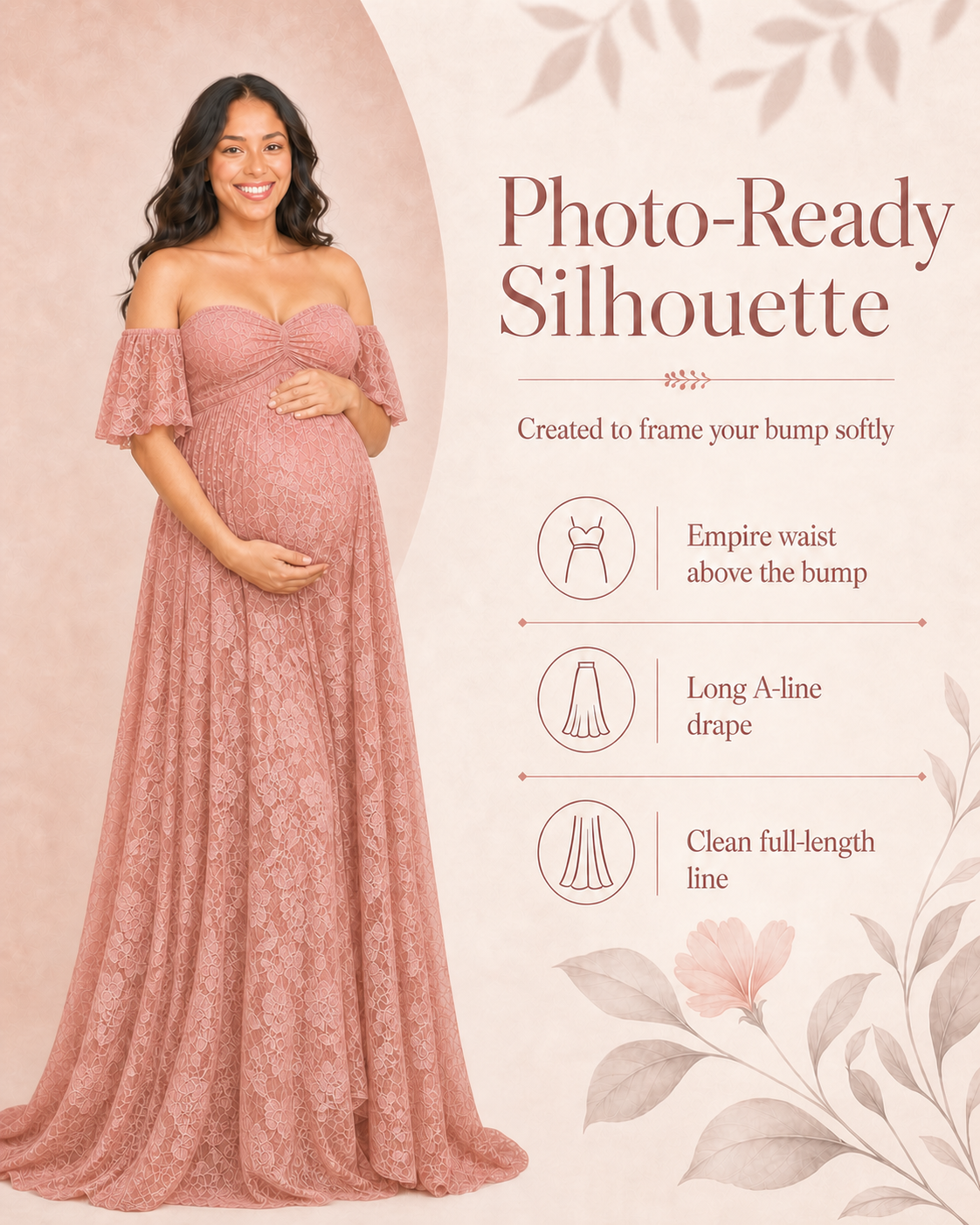 Soft Blush Pink full-length maternity silhouette for a romantic photoshoot