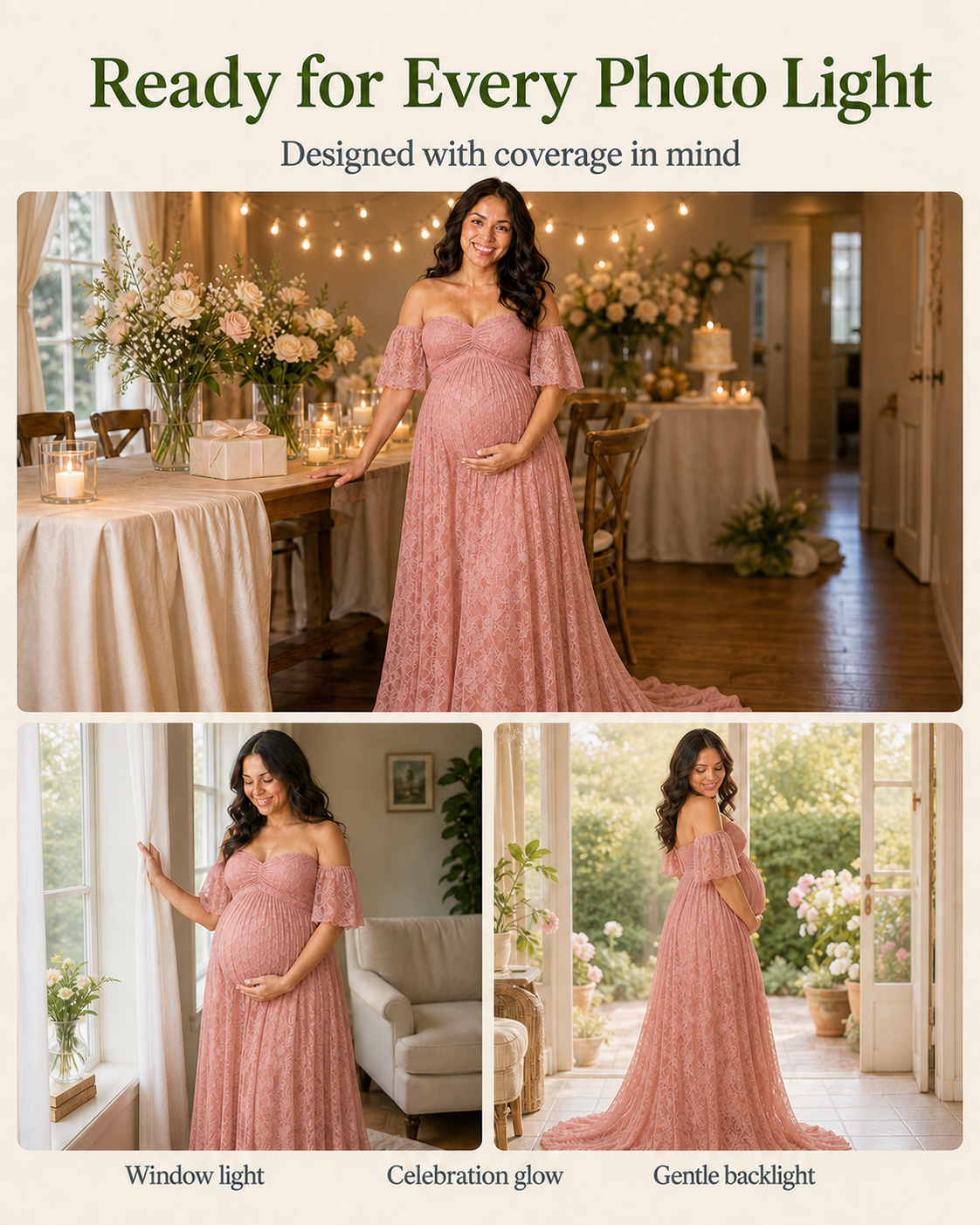 Soft Blush Pink lace in daylight and warmer indoor light, blush reading lighter or deeper