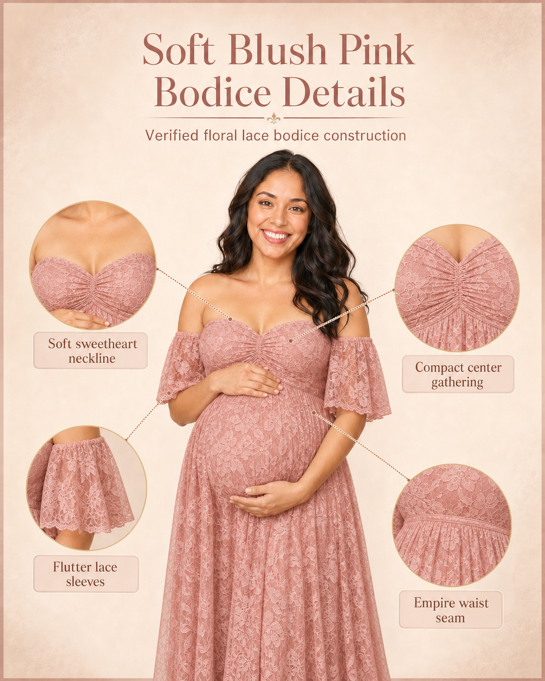 Soft Blush Pink bodice card: sweetheart drape and flutter lace sleeves