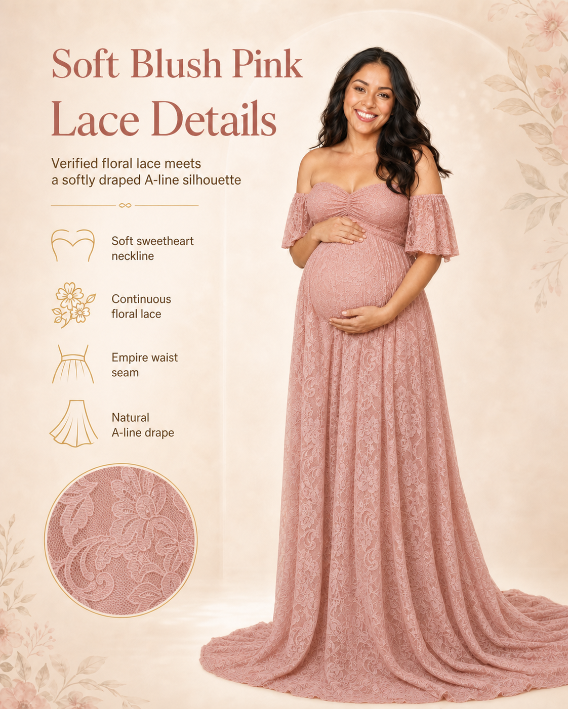 Soft Blush Pink off-shoulder lace maxi from romantic neckline to floor-length skirt