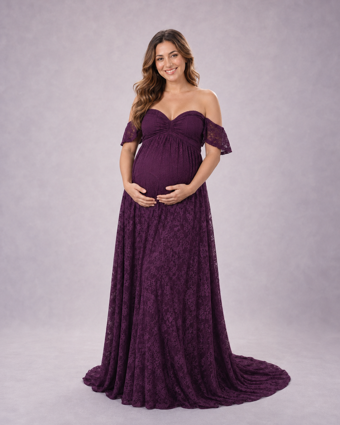 Deep Plum Purple maternity maxi, front view with off-shoulder sweetheart neckline and dark lace