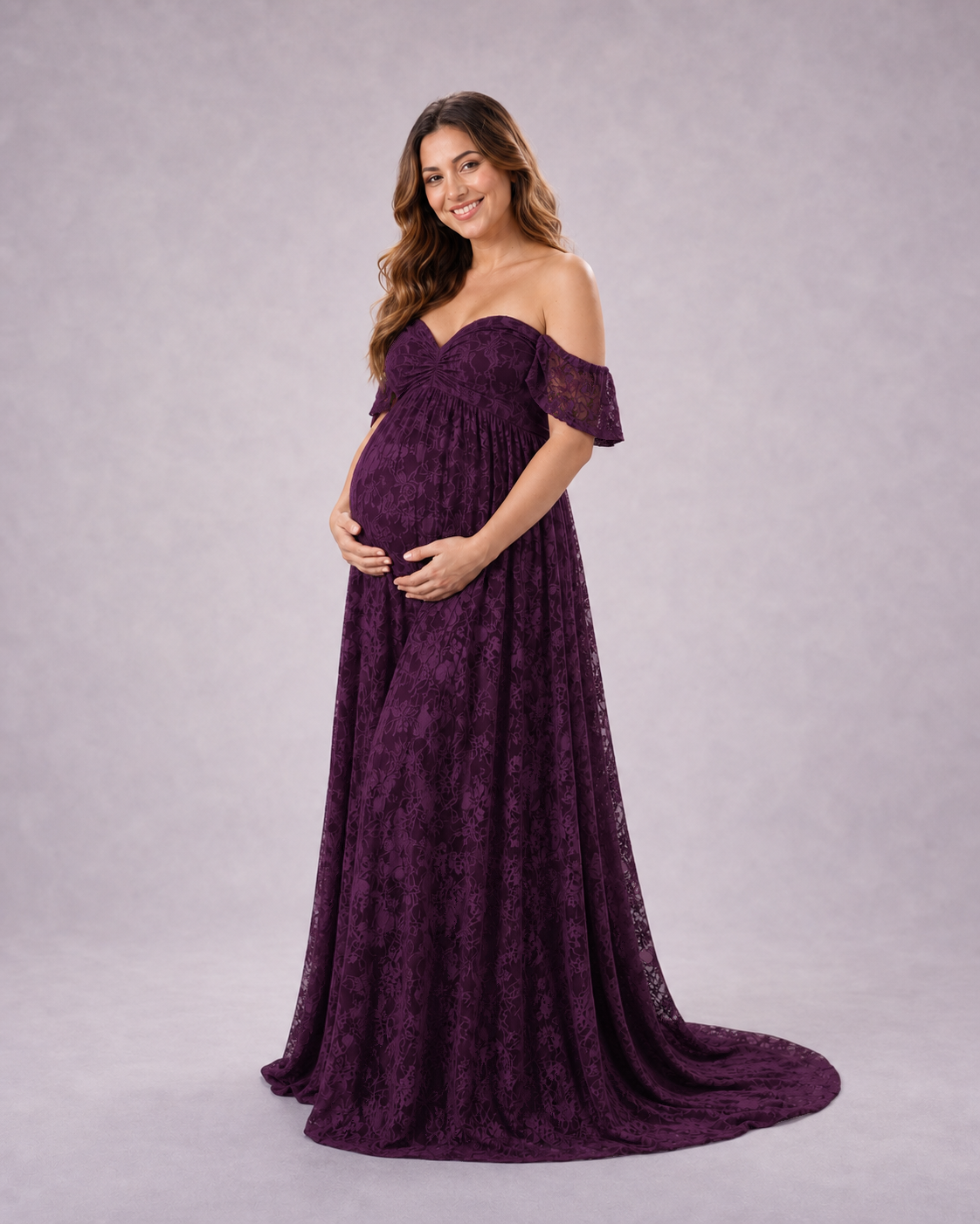 Deep Plum Purple three-quarter profile, empire waist on a moody evening gown stance
