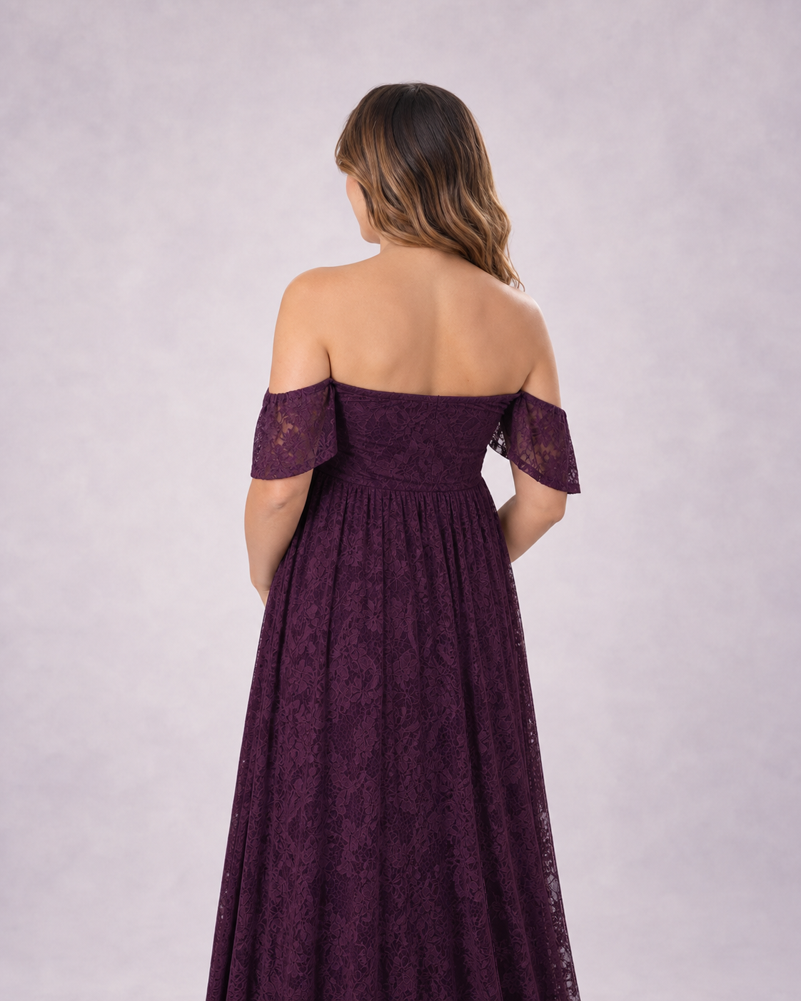 Deep Plum Purple back, flutter sleeves and extra hem length in deep purple lace