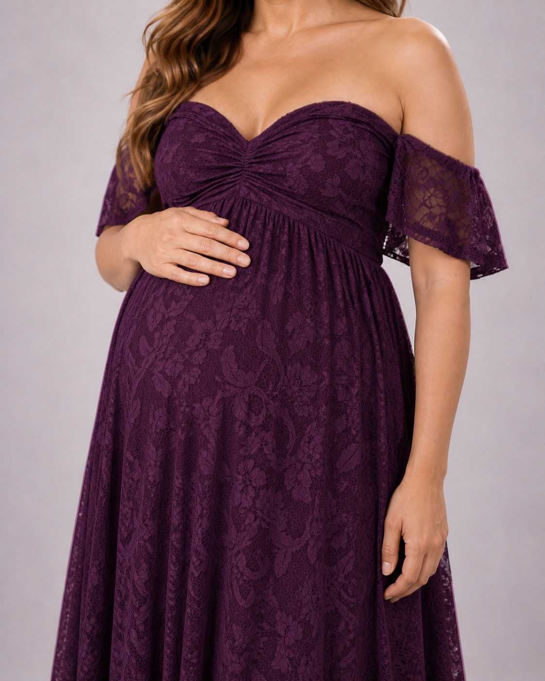 Plum floral lace close-up, small-to-medium motifs on a deep semi-sheer ground