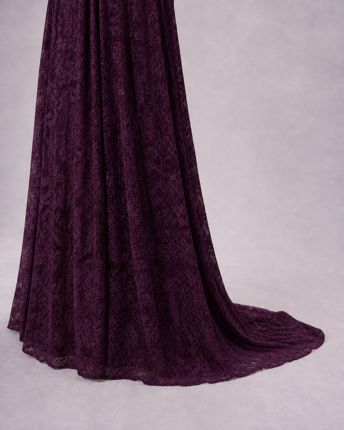 Deep Plum Purple hem at the floor, longer back fabric in a dark open fall