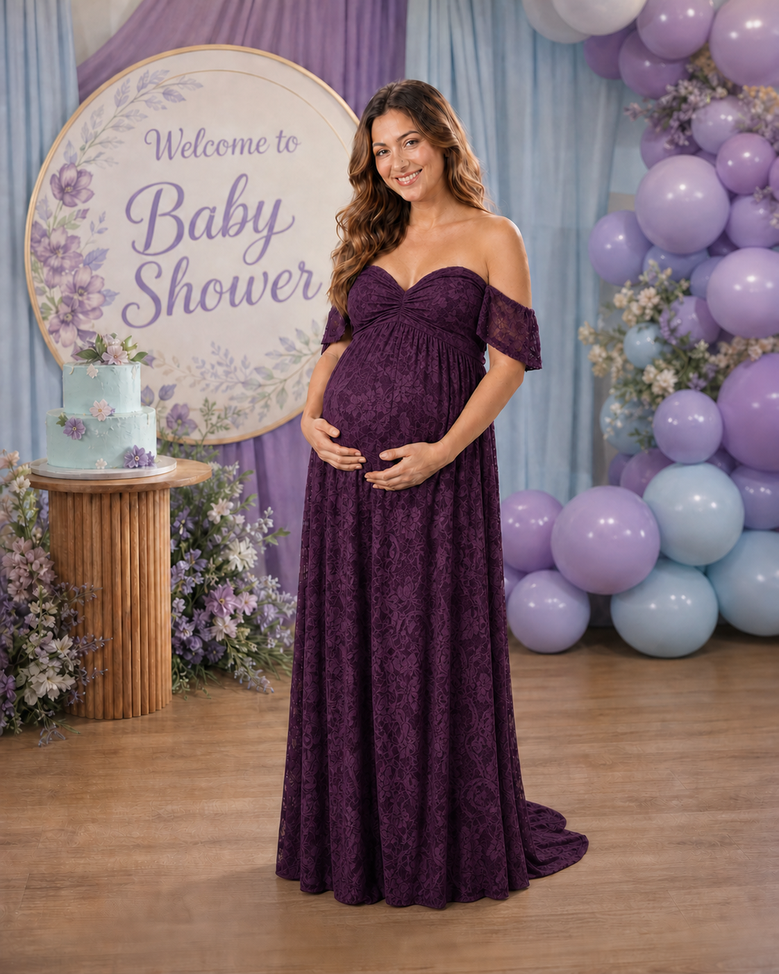 Deep Plum Purple maternity baby shower dress at an evening celebration