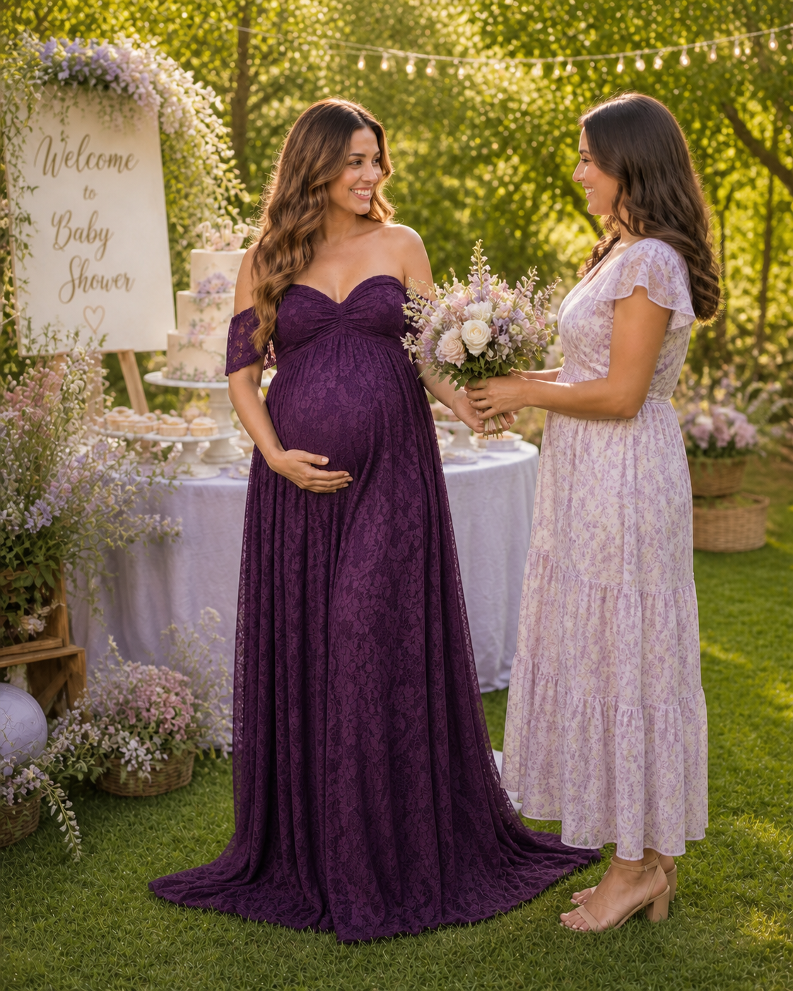 Deep Plum Purple maternity maxi in a dusk garden portrait