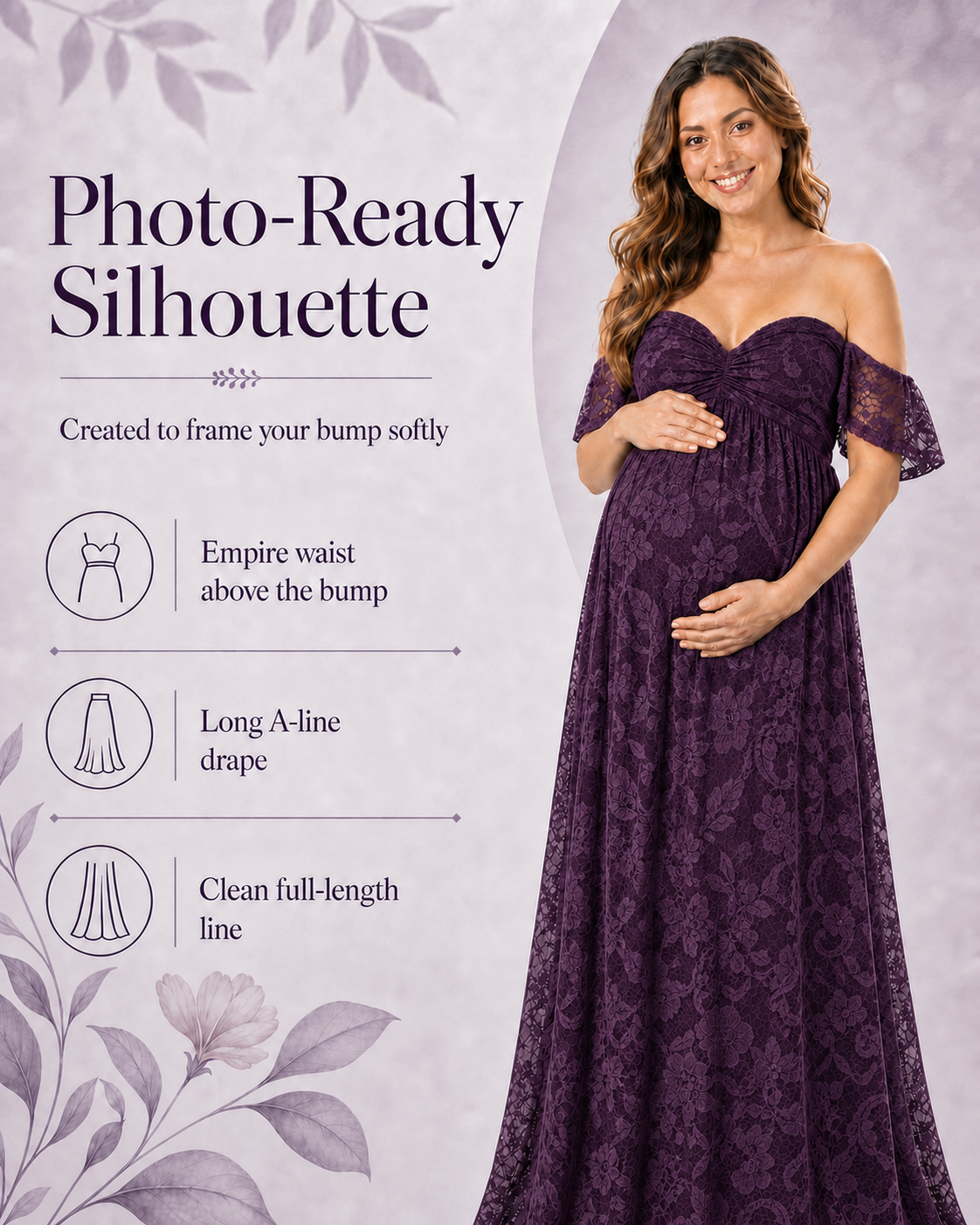 Deep Plum Purple full-length maternity silhouette for a moody studio photoshoot