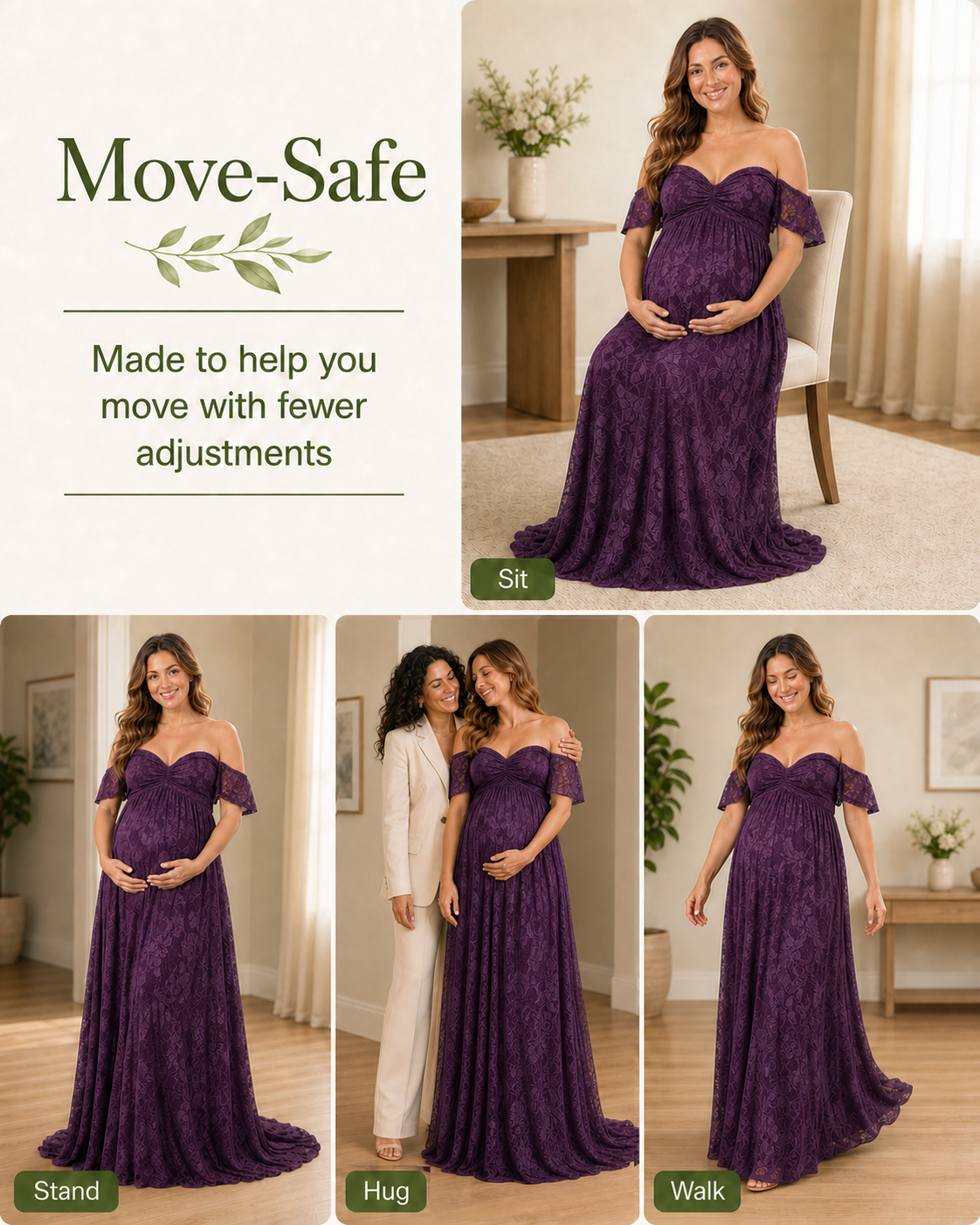 Deep Plum Purple walking view, longer back hem following without a closed circular train