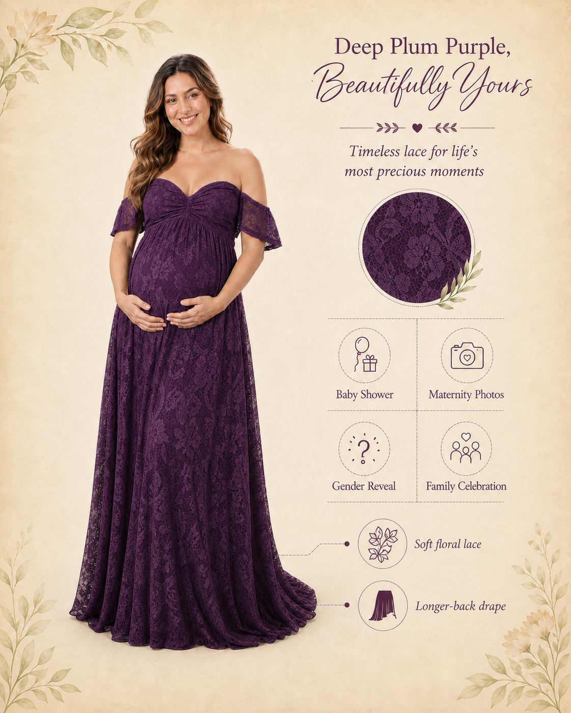 Deep Plum Purple maternity dress worn as an evening baby shower keepsake