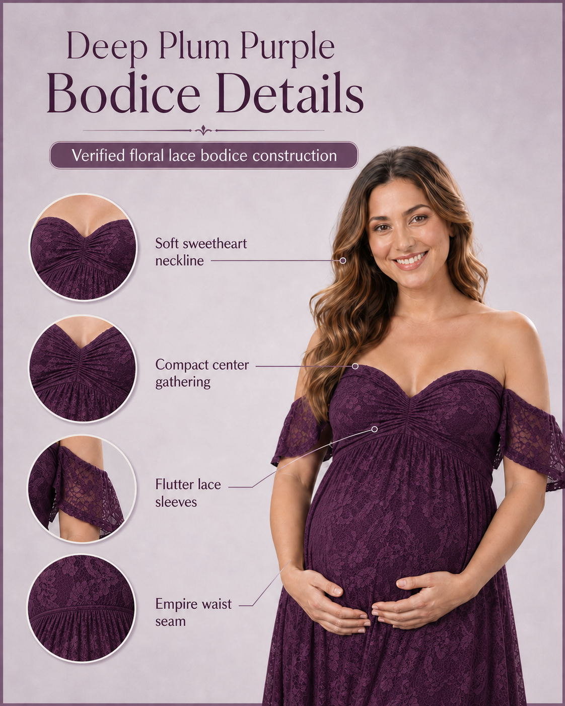 Deep Plum Purple neckline card, off-shoulder flutter sleeves and shallow center dip
