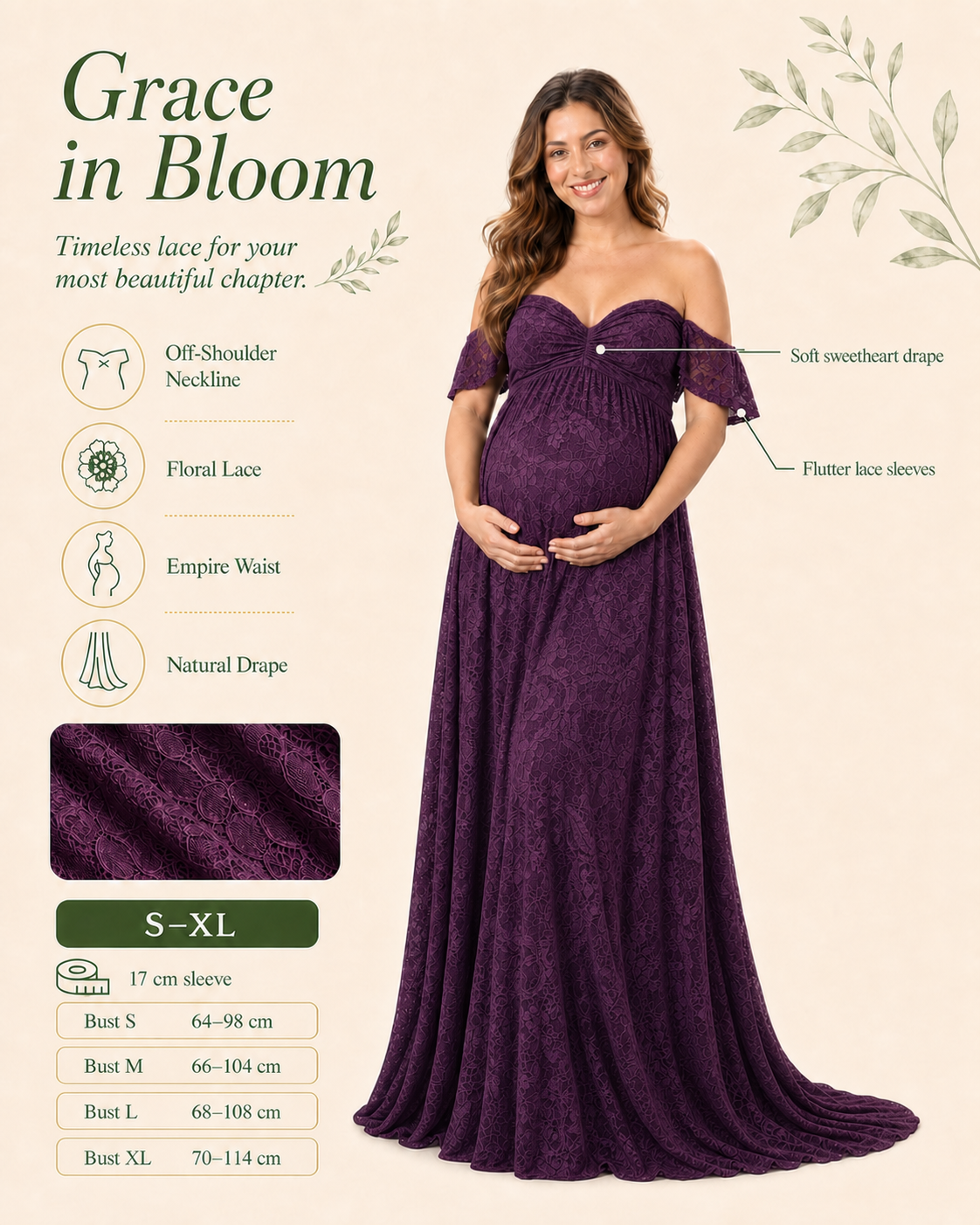 Deep Plum Purple side-fit evidence, empire seam above the bump and A-line release