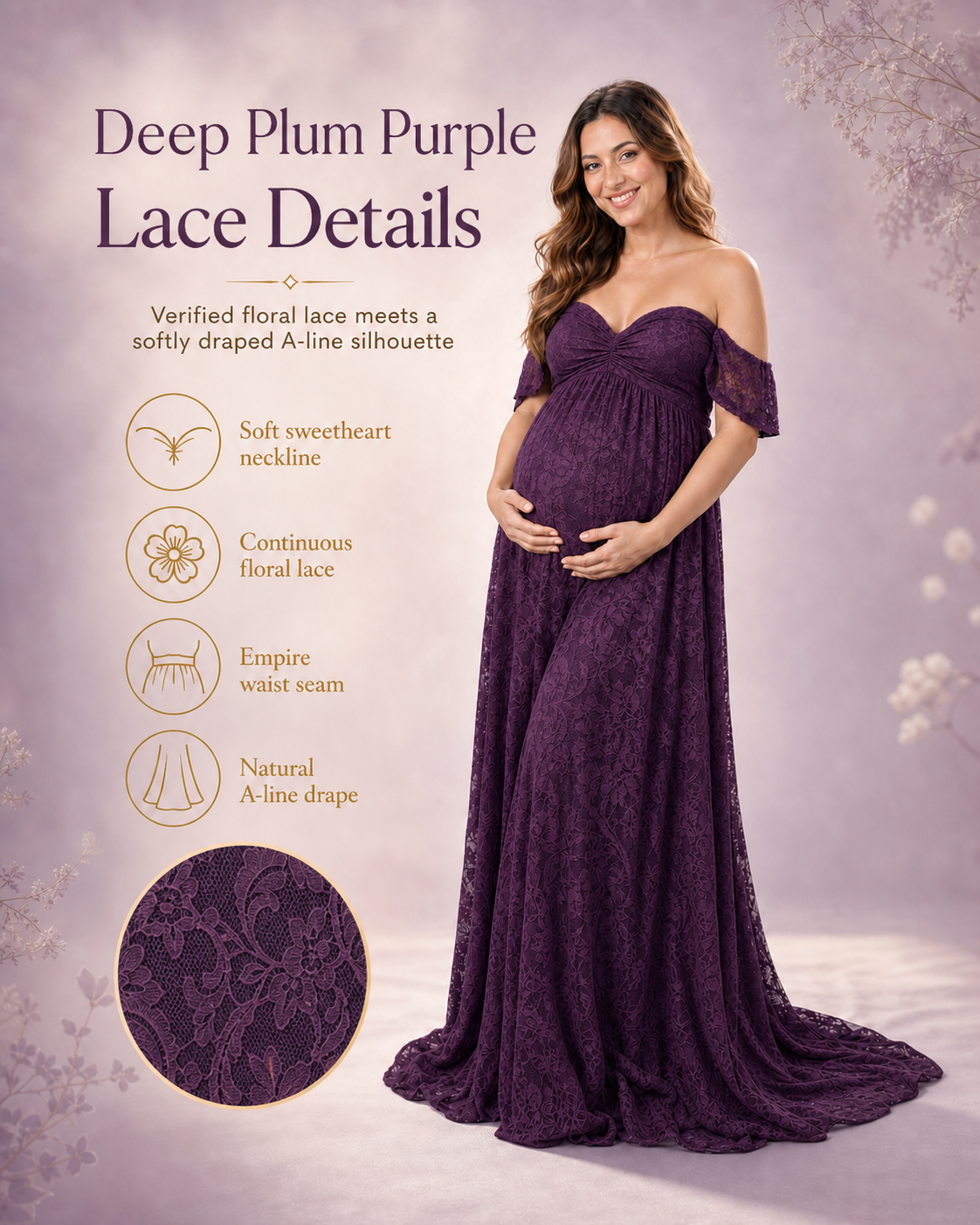 Deep Plum Purple off-shoulder lace maxi from dark bodice to floor-length back drape