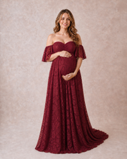 Deep Wine Red maternity maxi, front studio view with off-shoulder neckline and rich floral lace