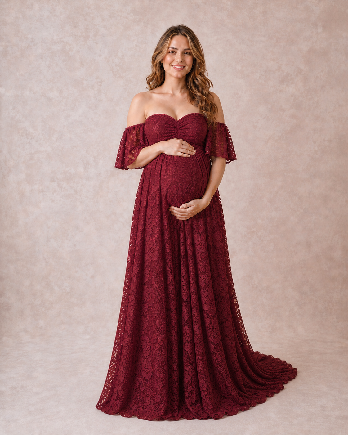 Deep Wine Red maternity maxi, front studio view with off-shoulder neckline and rich floral lace