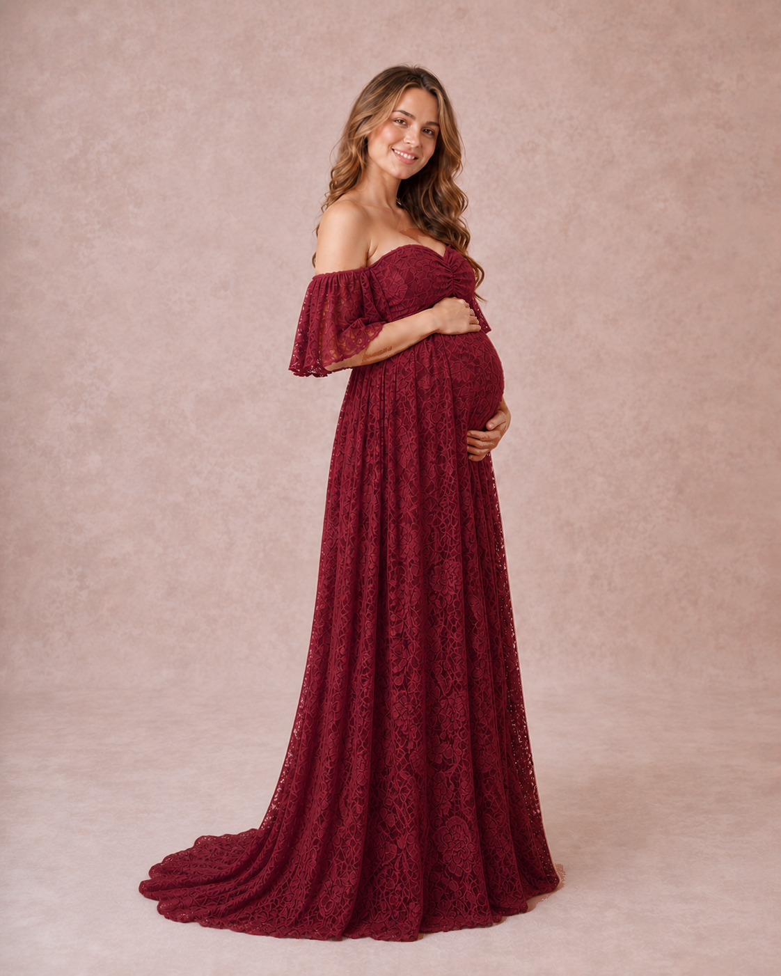 Deep Wine Red three-quarter stance, empire waist and A-line skirt in holiday-ready lace