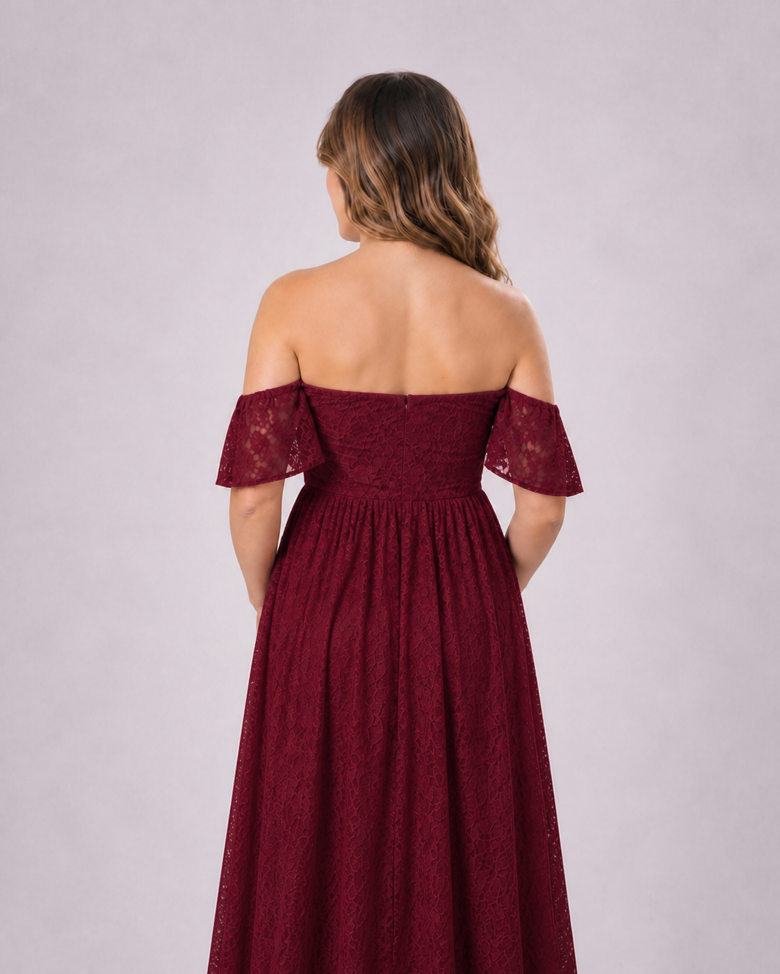 Deep Wine Red back structure, flutter sleeves and extra length on a wine-red maxi