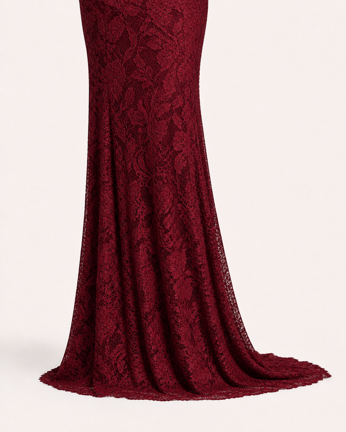Deep Wine Red floor hem, longer back fabric falling behind for a studio portrait