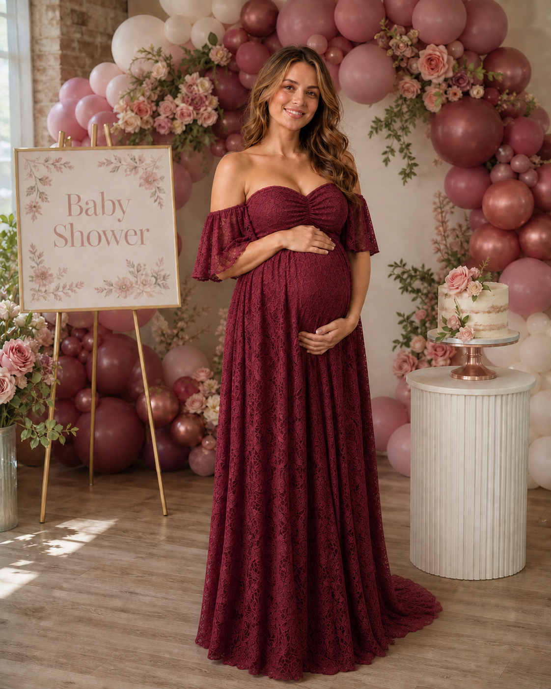 Deep Wine Red maternity baby shower dress at a holiday celebration table
