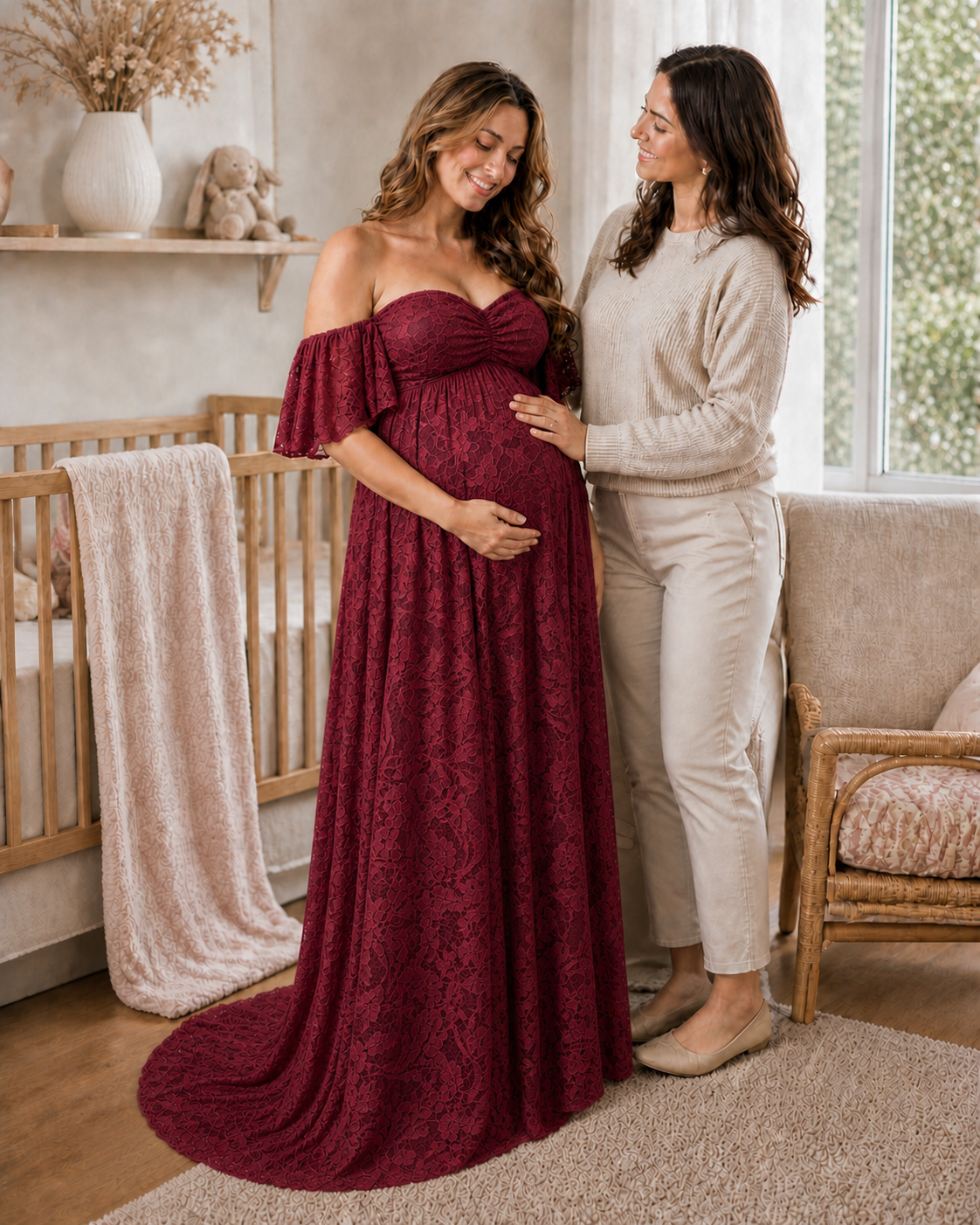 Deep Wine Red family anticipation in a richly lit indoor room