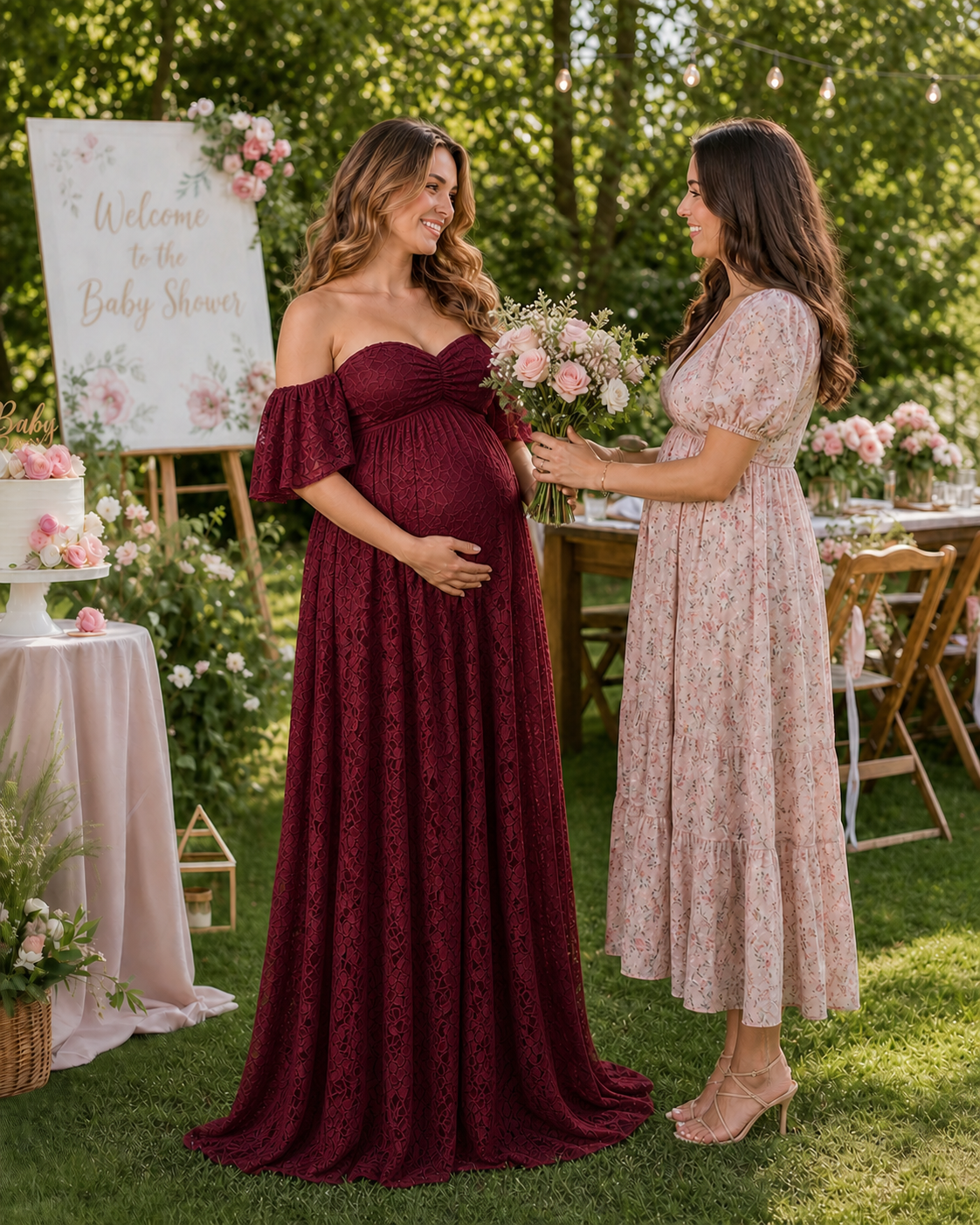 Deep Wine Red maternity maxi against winter-bare garden branches
