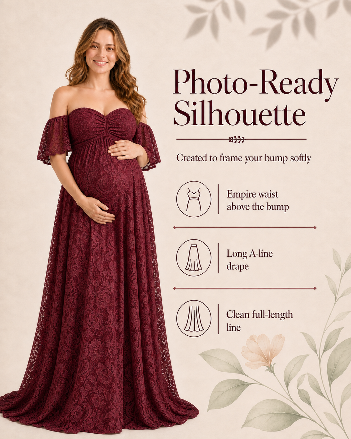 Deep Wine Red full-length maternity pose for a rich studio photoshoot