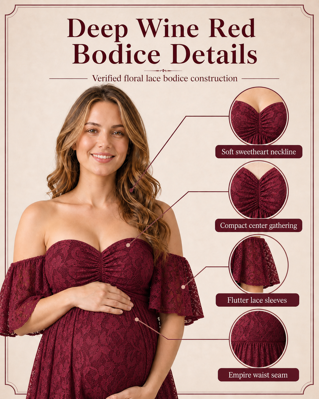Deep Wine Red bodice card: sweetheart drape, flutter sleeves and compact center seam