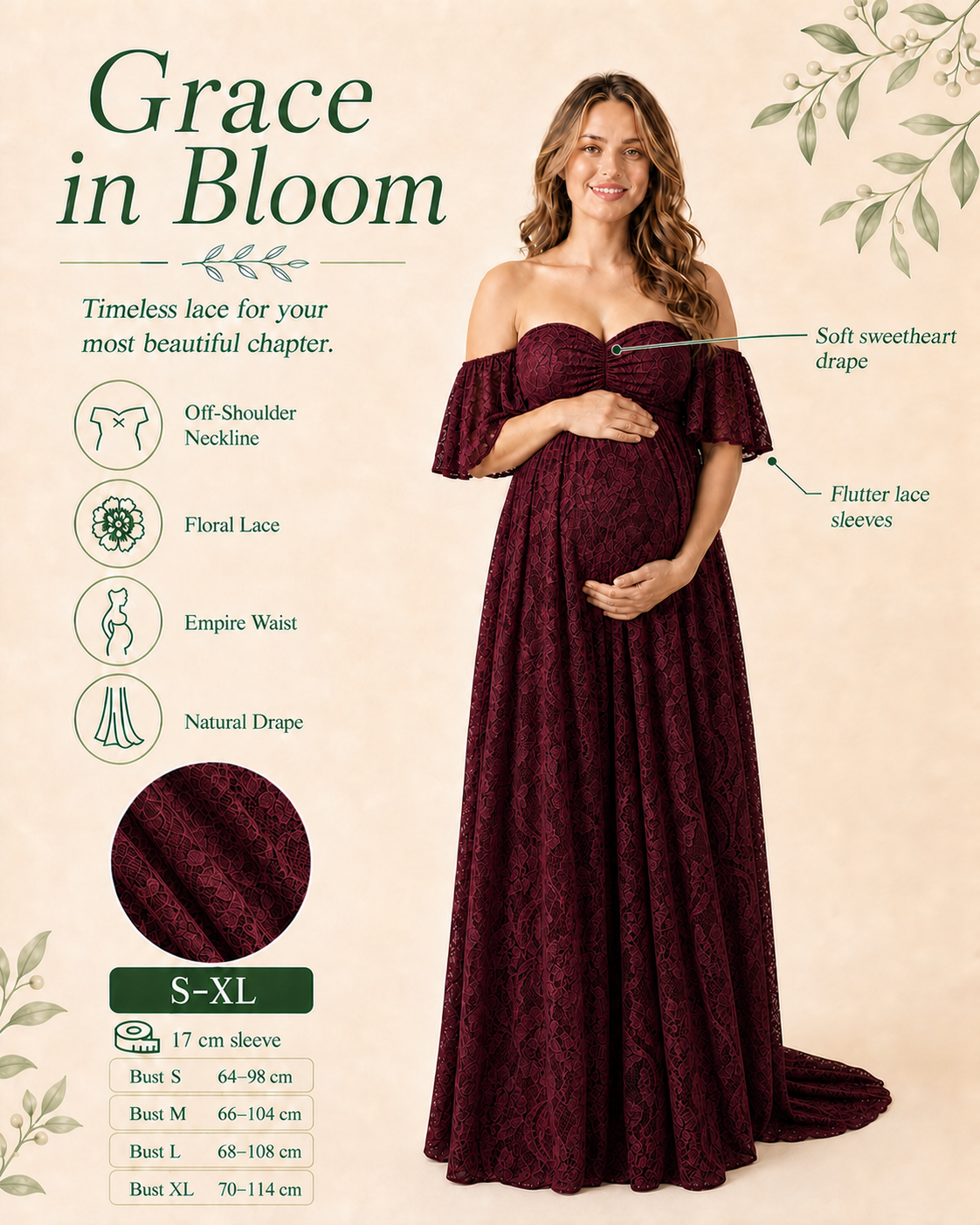 Deep Wine Red side fit, empire seam above the bump and floor-length A-line room