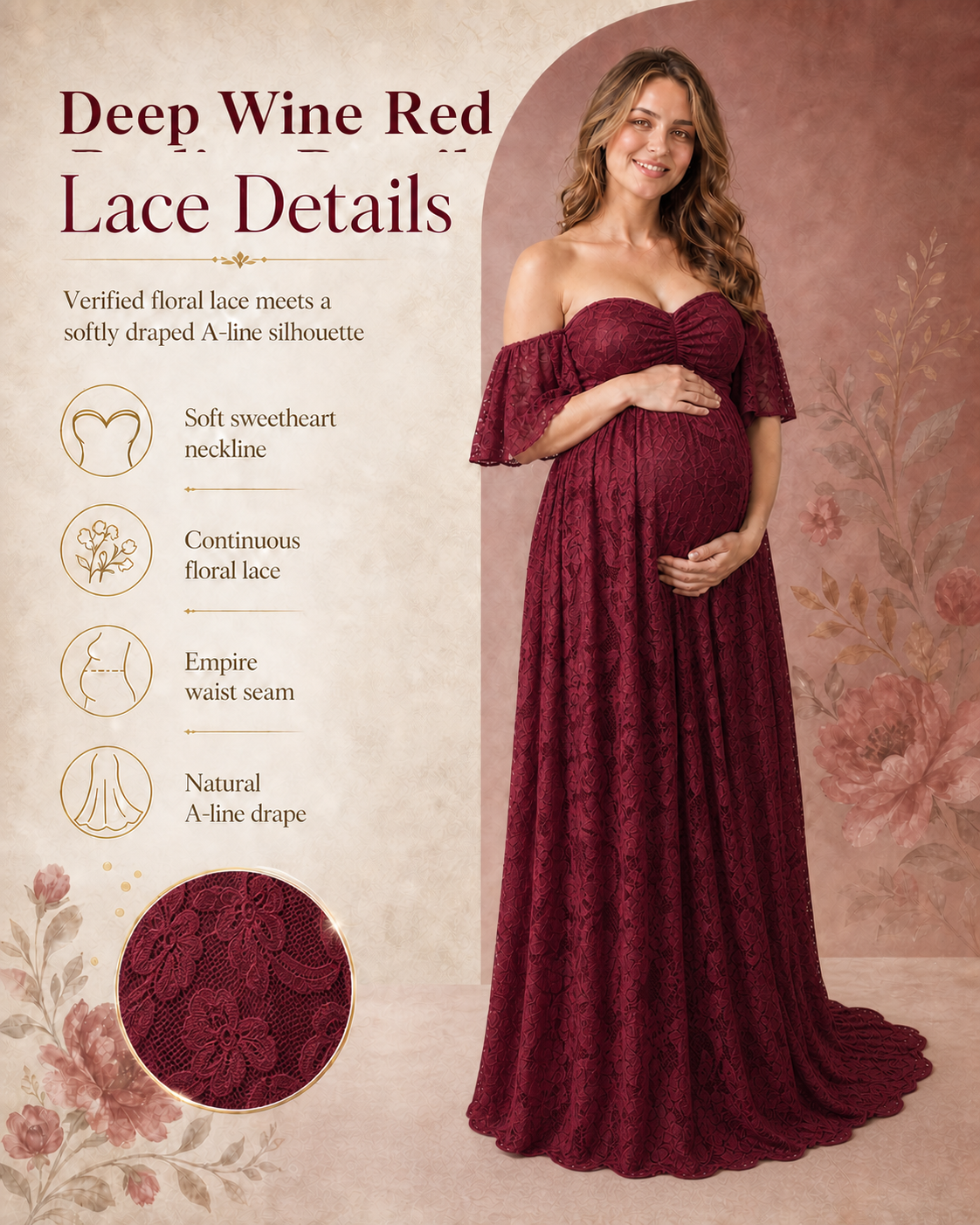 Deep Wine Red off-shoulder lace maxi from rich neckline to longer back hem