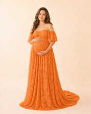 Ginger Orange maternity maxi, front view with off-shoulder sweetheart neckline and warm floral lace