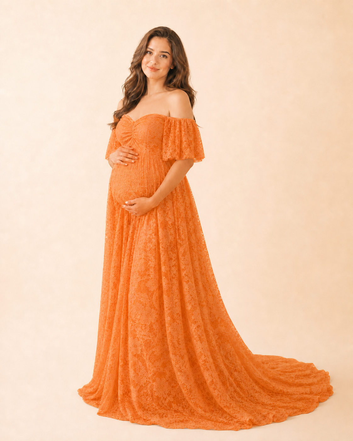 Ginger Orange three-quarter view, empire waist and a boho A-line over the bump
