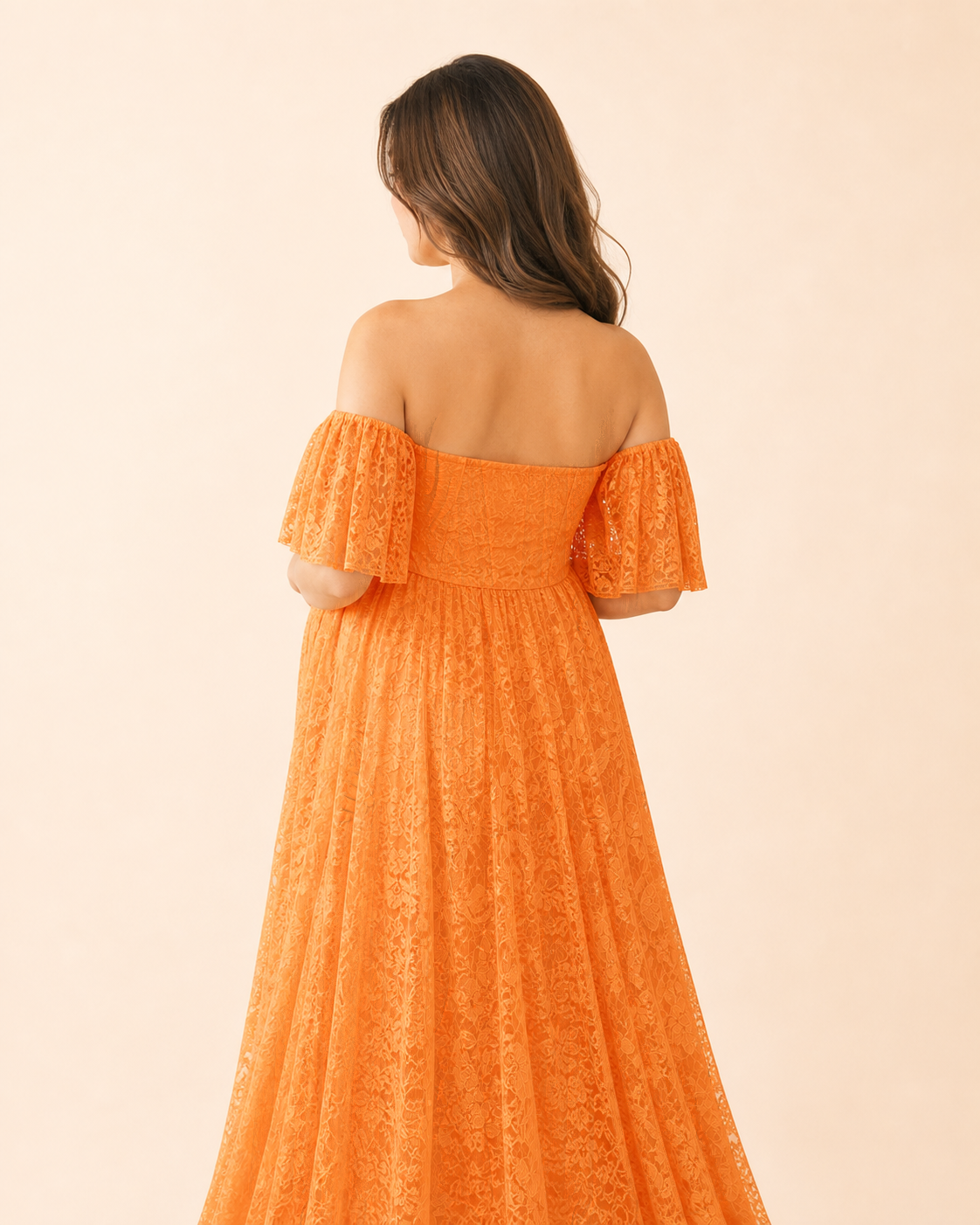 Ginger Orange back view, flutter sleeves and extra hem length in warm orange lace