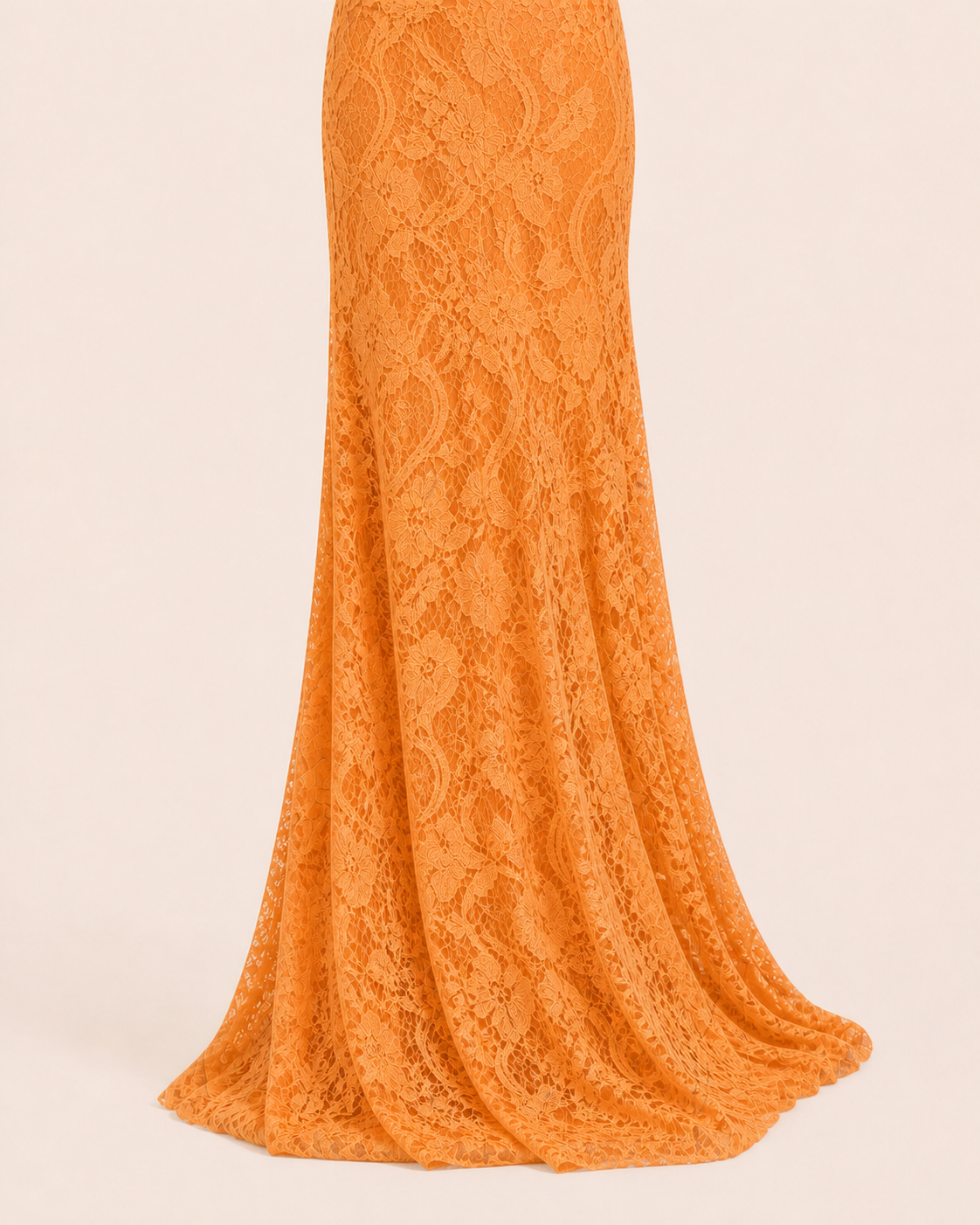 Ginger Orange hem at the floor, longer back fabric in a loose open fall