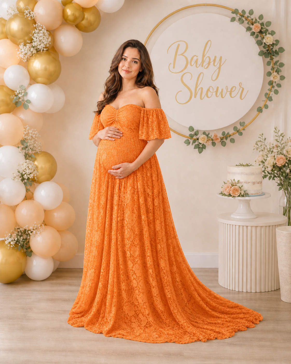 Ginger Orange maternity baby shower dress at a boho autumn party