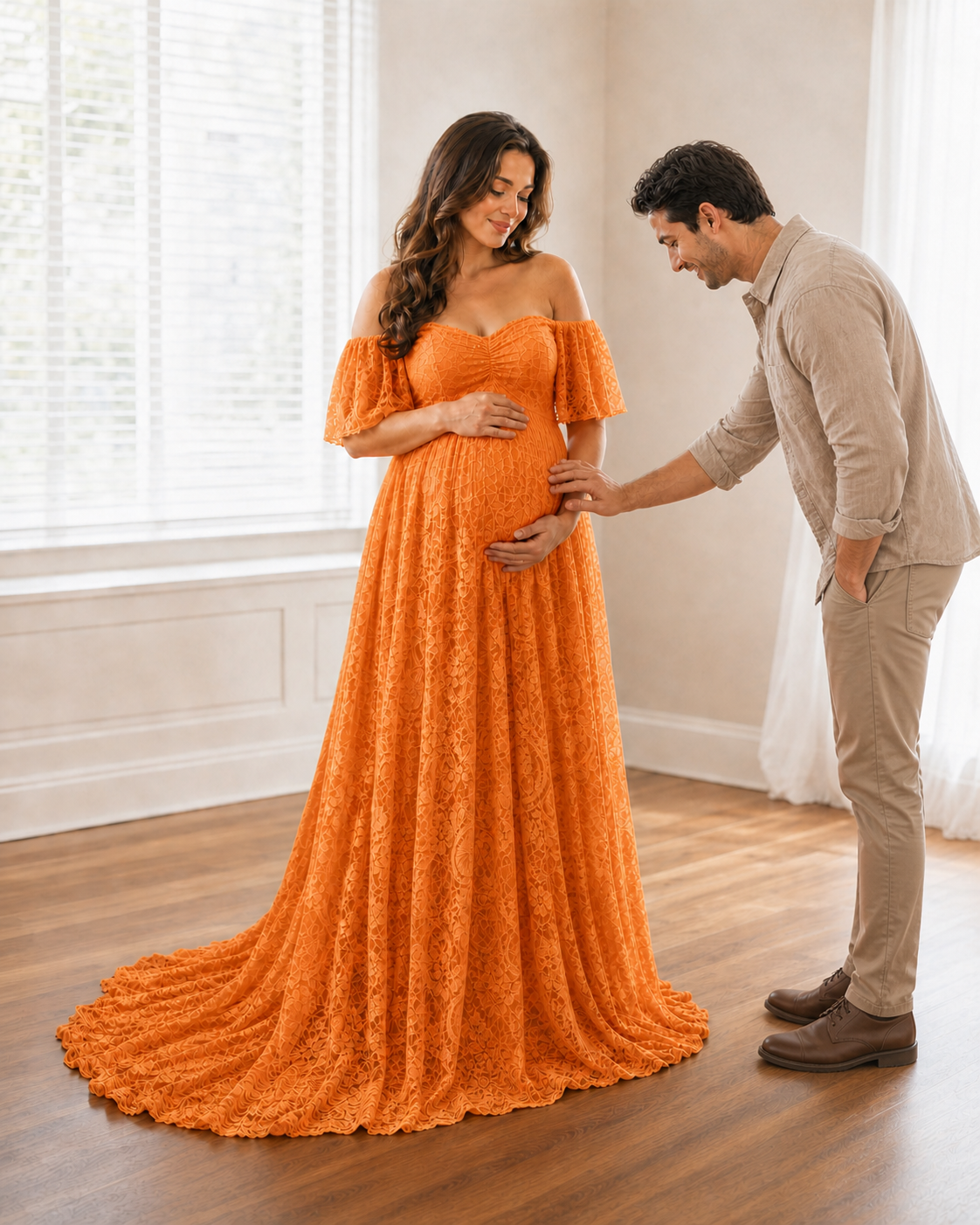 Ginger Orange family wait outdoors, standing together in warm lace
