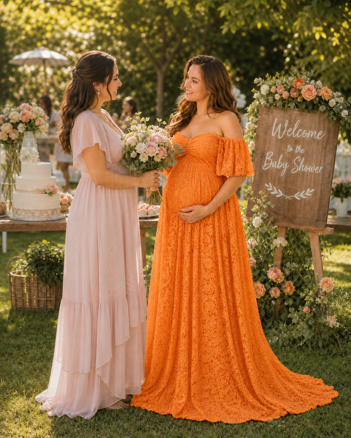 Ginger Orange maternity maxi in an autumn garden with dry grasses
