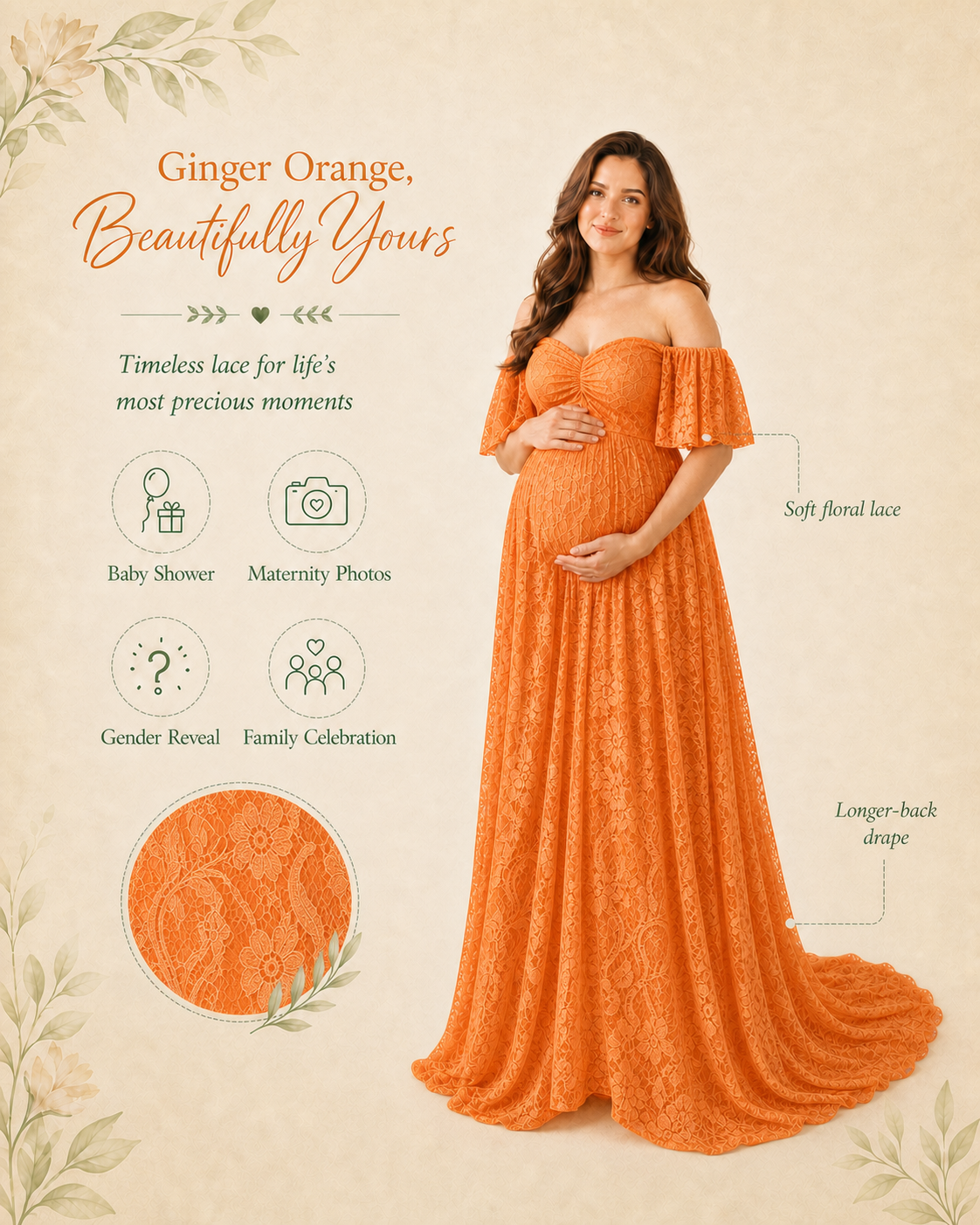 Ginger Orange maternity dress worn as a boho baby shower keepsake