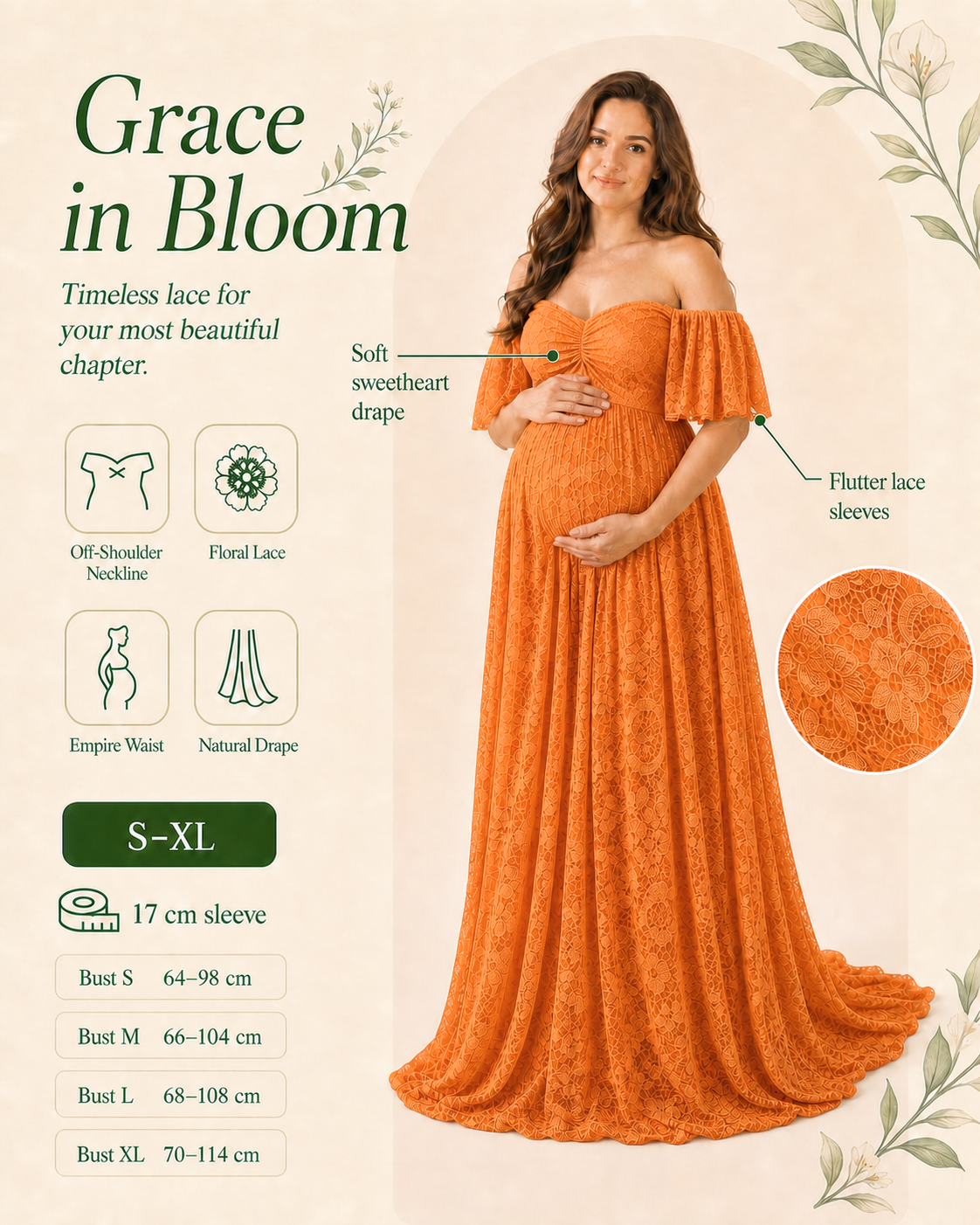 Ginger Orange side-fit view, empire seam above the bump and A-line release
