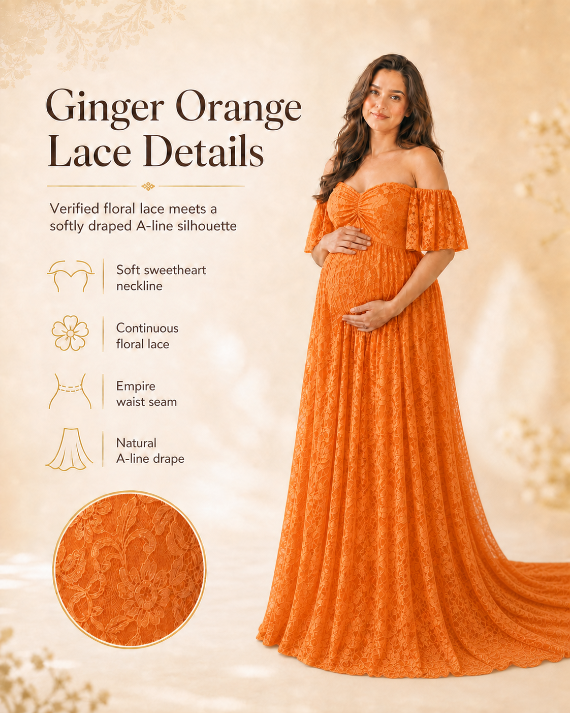 Ginger Orange off-shoulder lace maxi from warm bodice to floor-length skirt